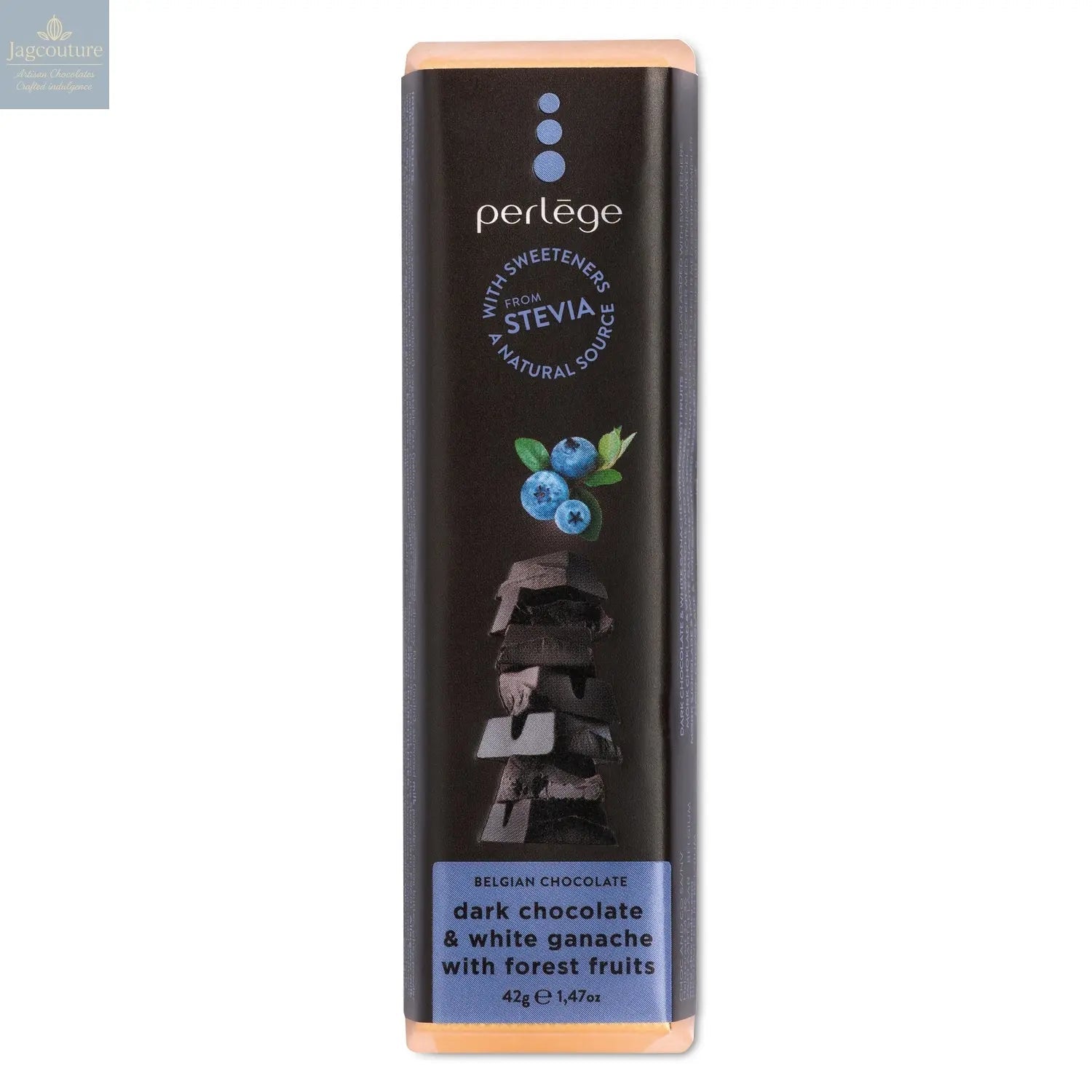 Dark chocolate bar with white forest fruit ganache