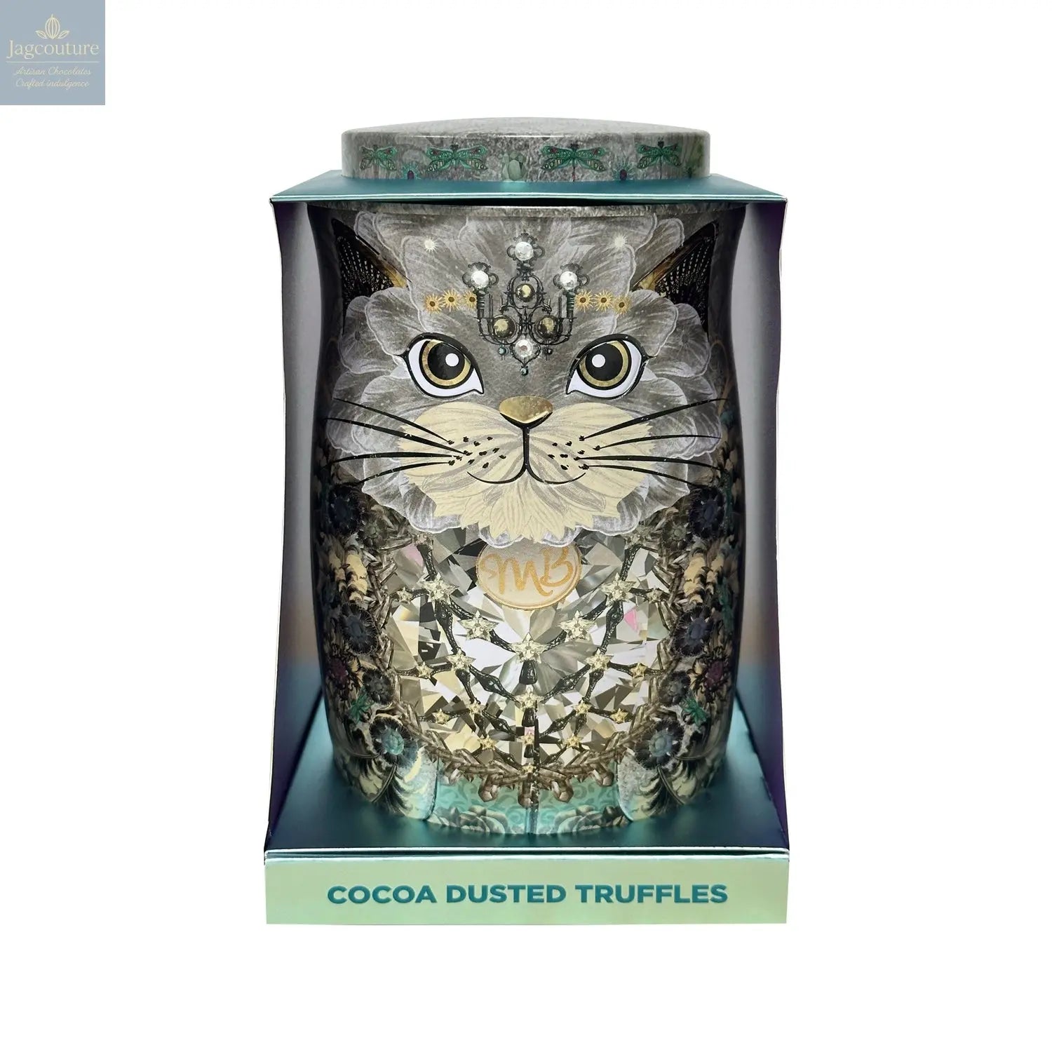 Diamond snow cat tin of assorted flavoured cocoa dusted truffles
