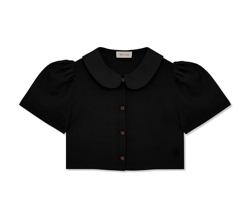 Frances Linen Cropped Blouse  - Black