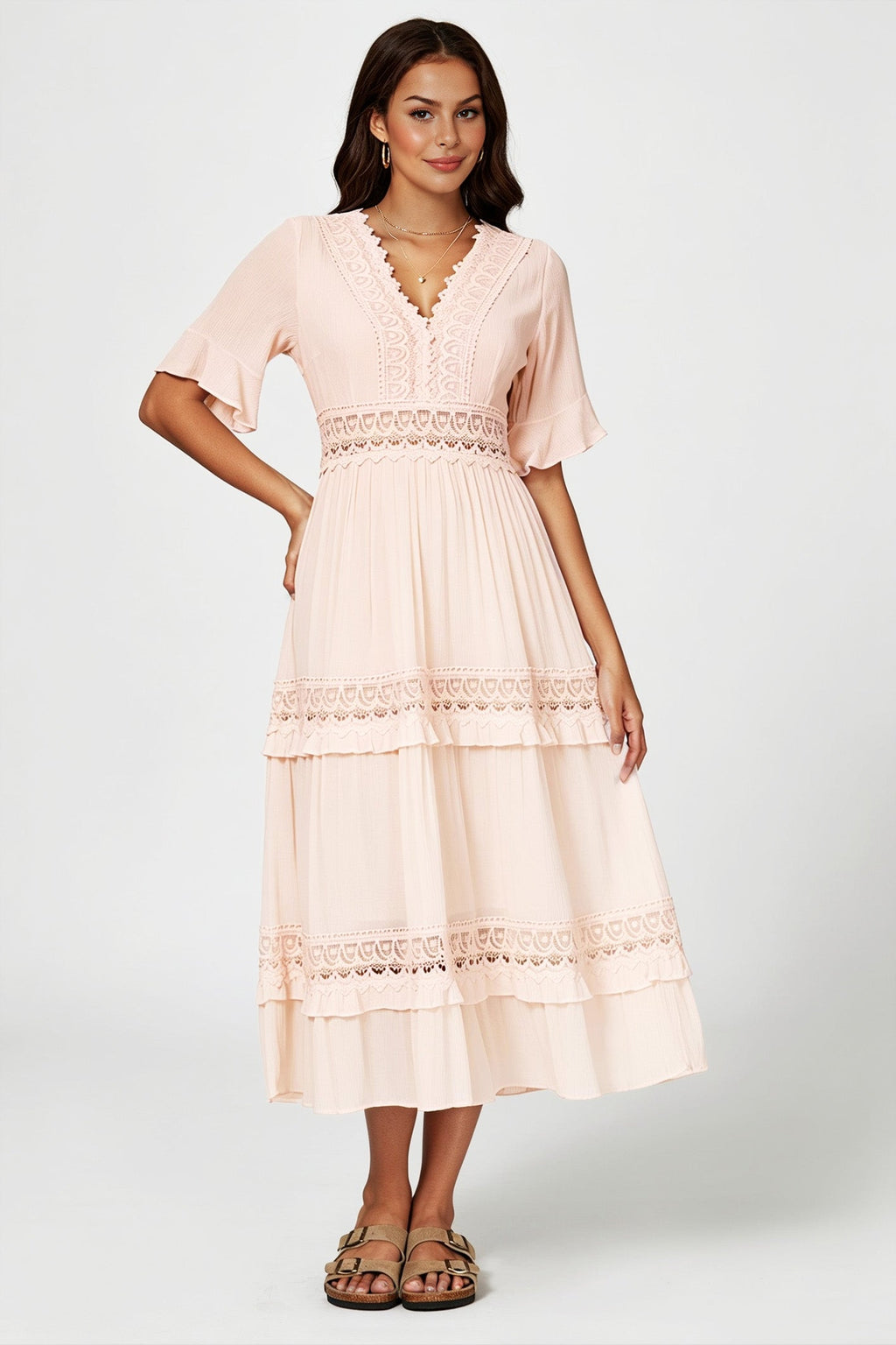 V Neck Lace Detail Midi Dress In Soft Champagne