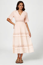 V Neck Lace Detail Midi Dress In Soft Champagne