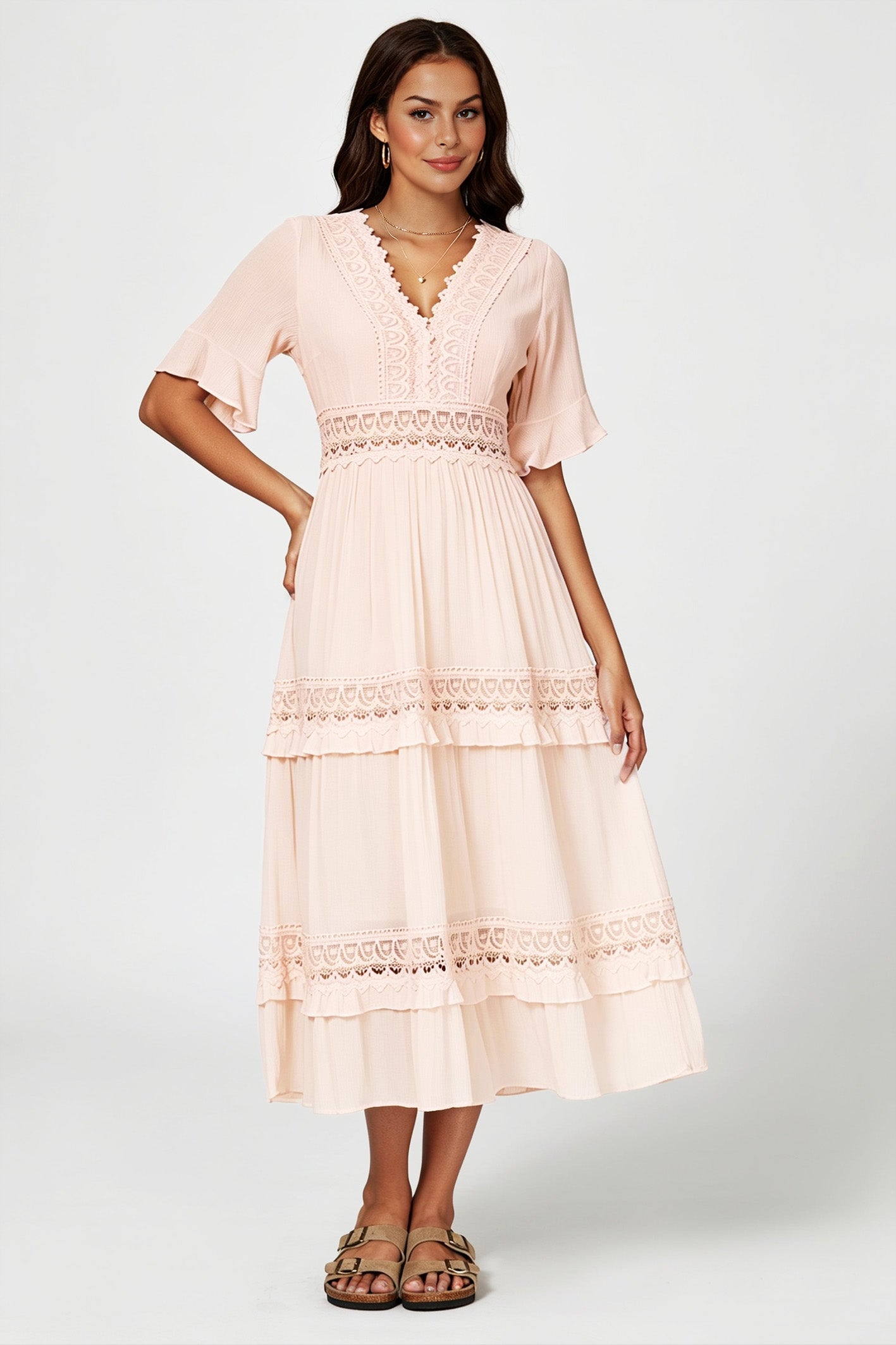 V Neck Lace Detail Midi Dress In Soft Champagne