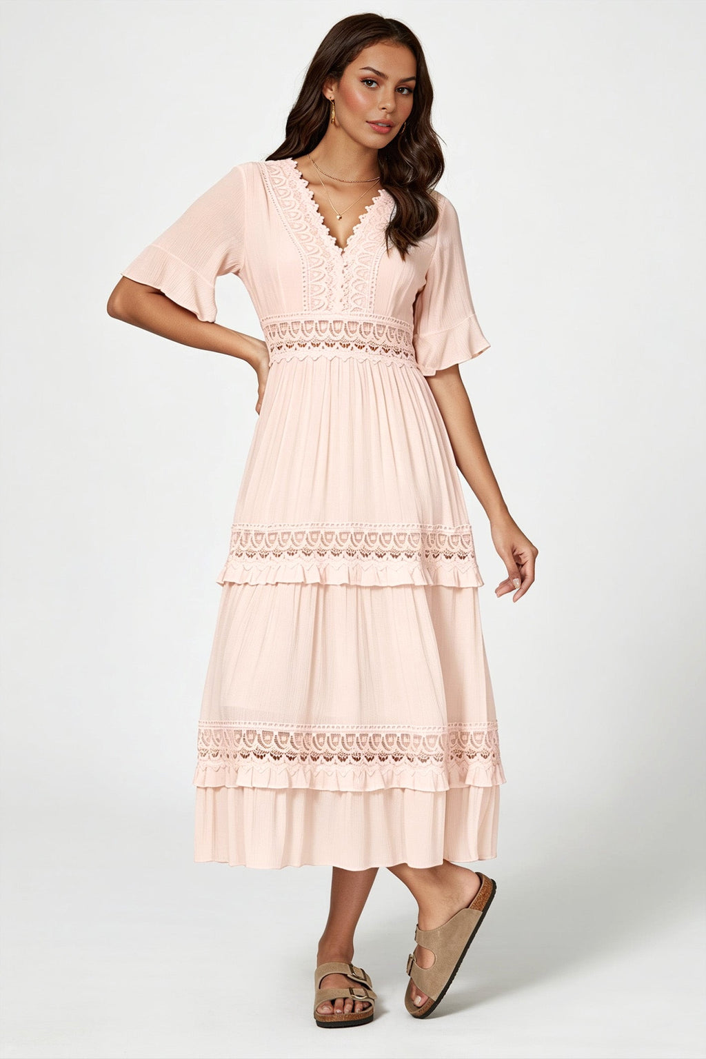 V Neck Lace Detail Midi Dress In Soft Champagne