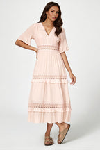 V Neck Lace Detail Midi Dress In Soft Champagne