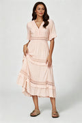 V Neck Lace Detail Midi Dress In Soft Champagne