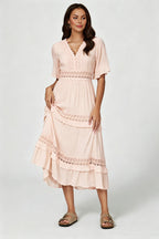 V Neck Lace Detail Midi Dress In Soft Champagne