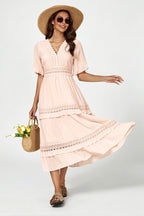 V Neck Lace Detail Midi Dress In Soft Champagne