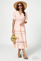 V Neck Lace Detail Midi Dress In Soft Champagne