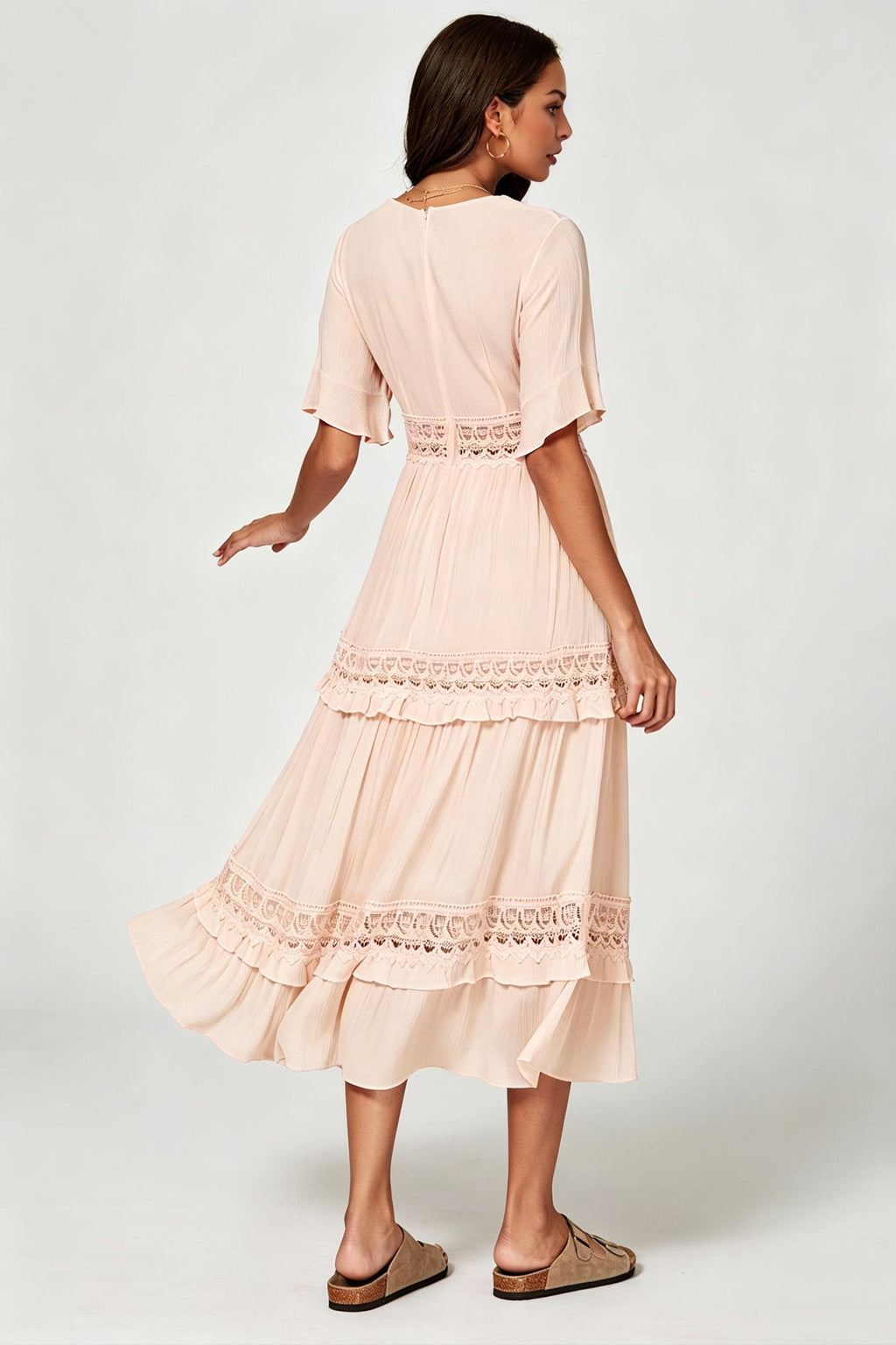 V Neck Lace Detail Midi Dress In Soft Champagne