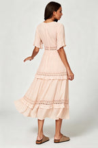 V Neck Lace Detail Midi Dress In Soft Champagne