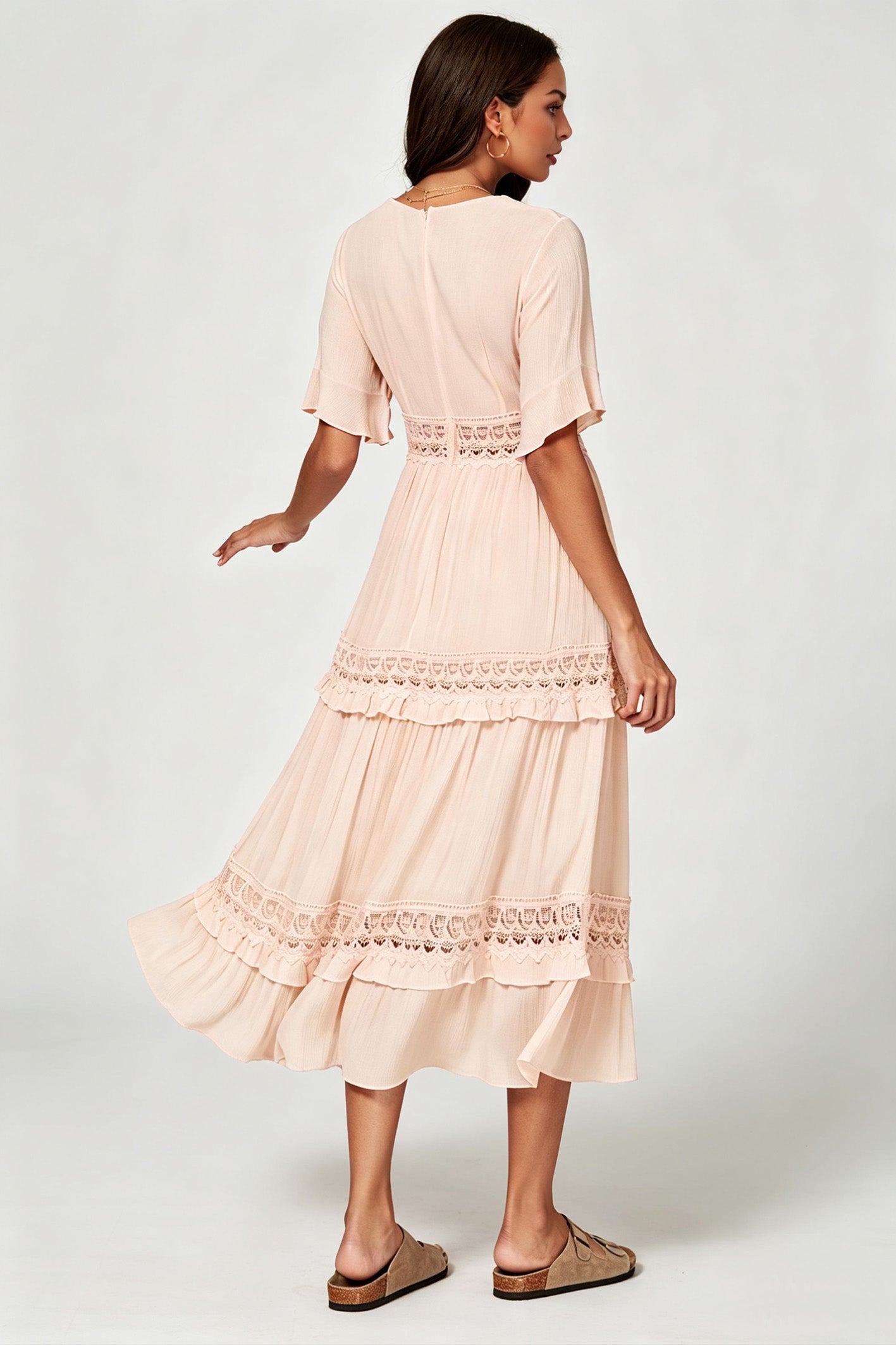 V Neck Lace Detail Midi Dress In Soft Champagne