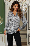 Satin Snake Print long sleeve Blouse Top In Grey