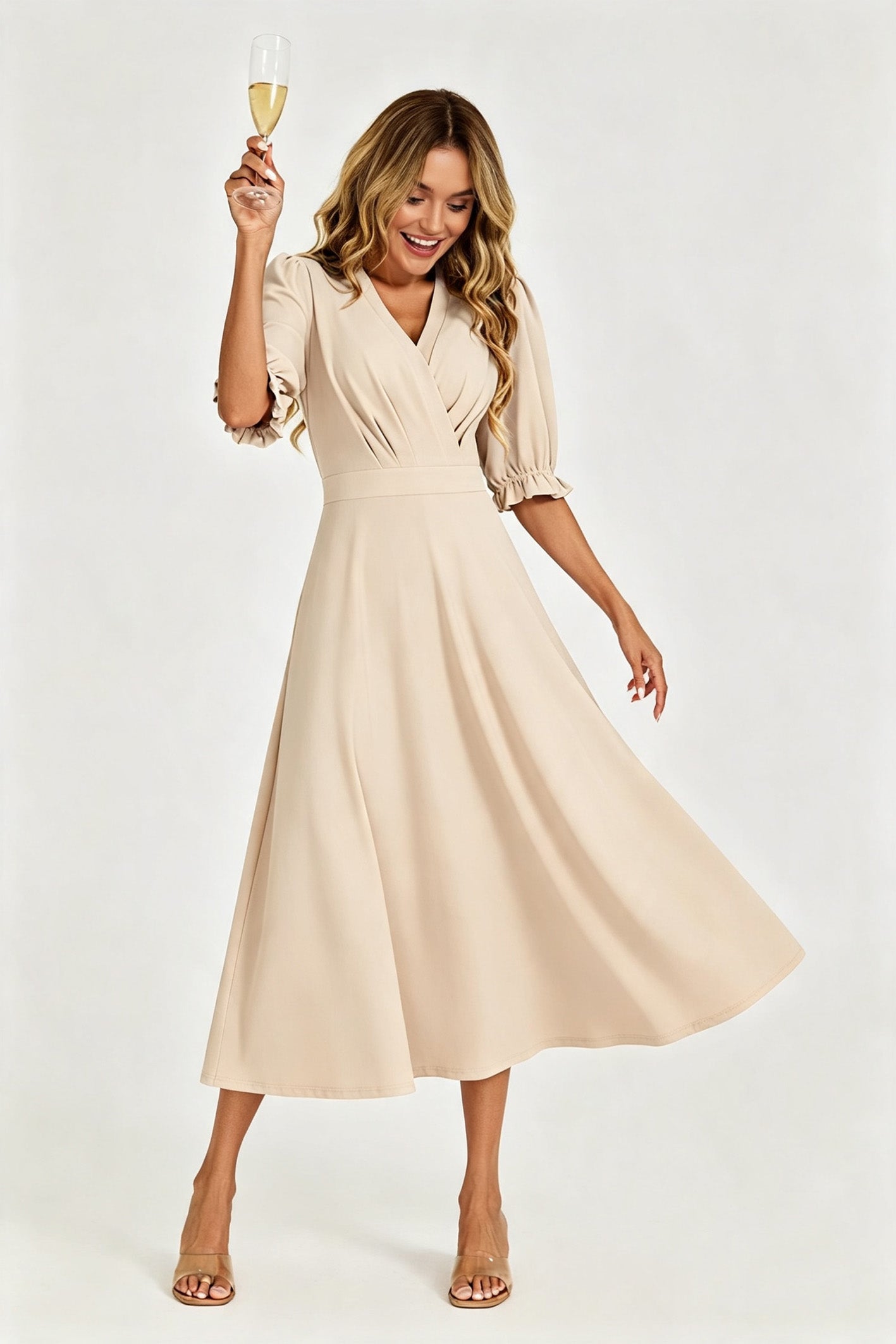 Half Sleeves Jersey Midi Dress with Wrap Neckline In Light Oat