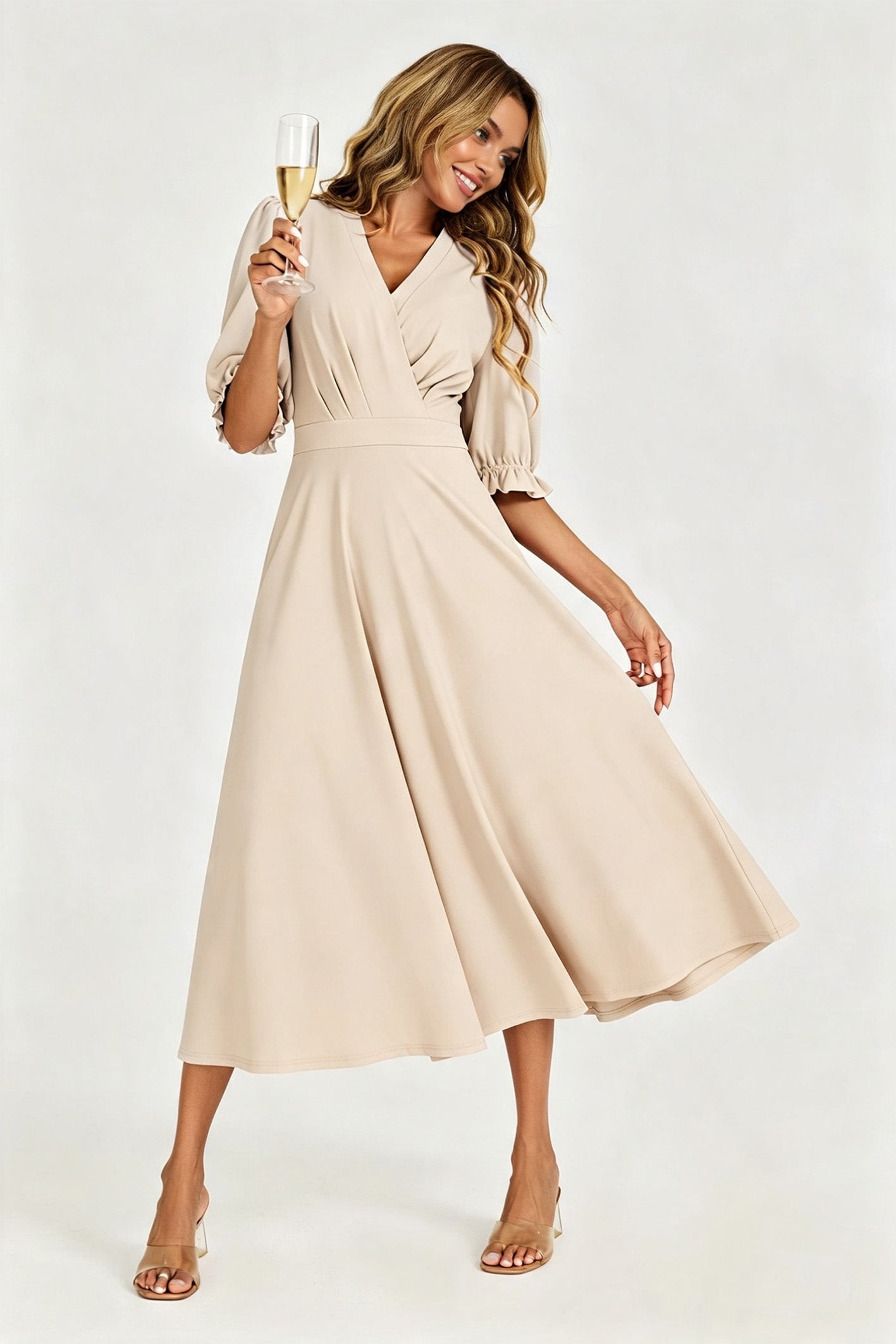 Half Sleeves Jersey Midi Dress with Wrap Neckline In Light Oat