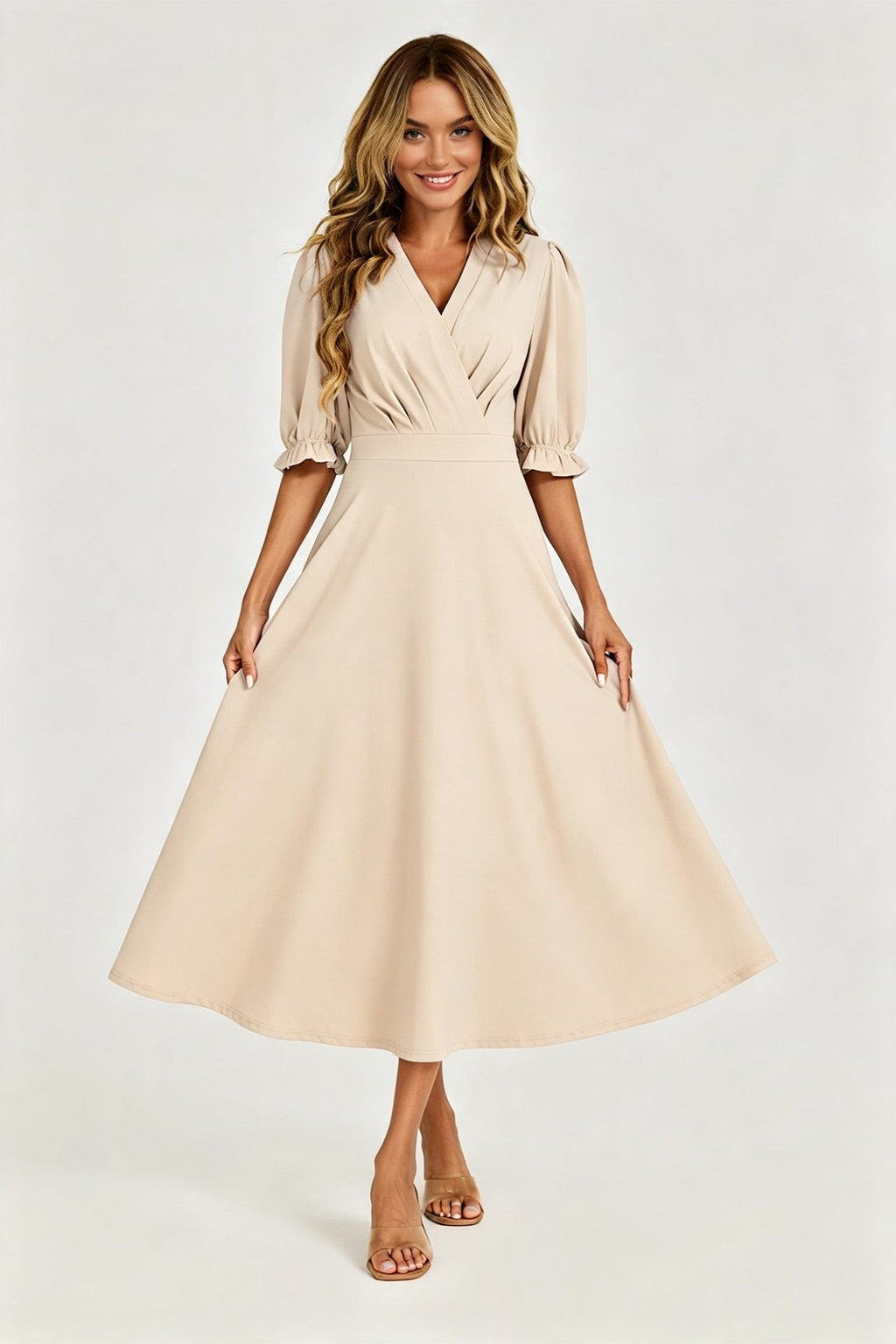 Half Sleeves Jersey Midi Dress with Wrap Neckline In Light Oat