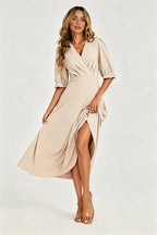 Half Sleeves Jersey Midi Dress with Wrap Neckline In Light Oat