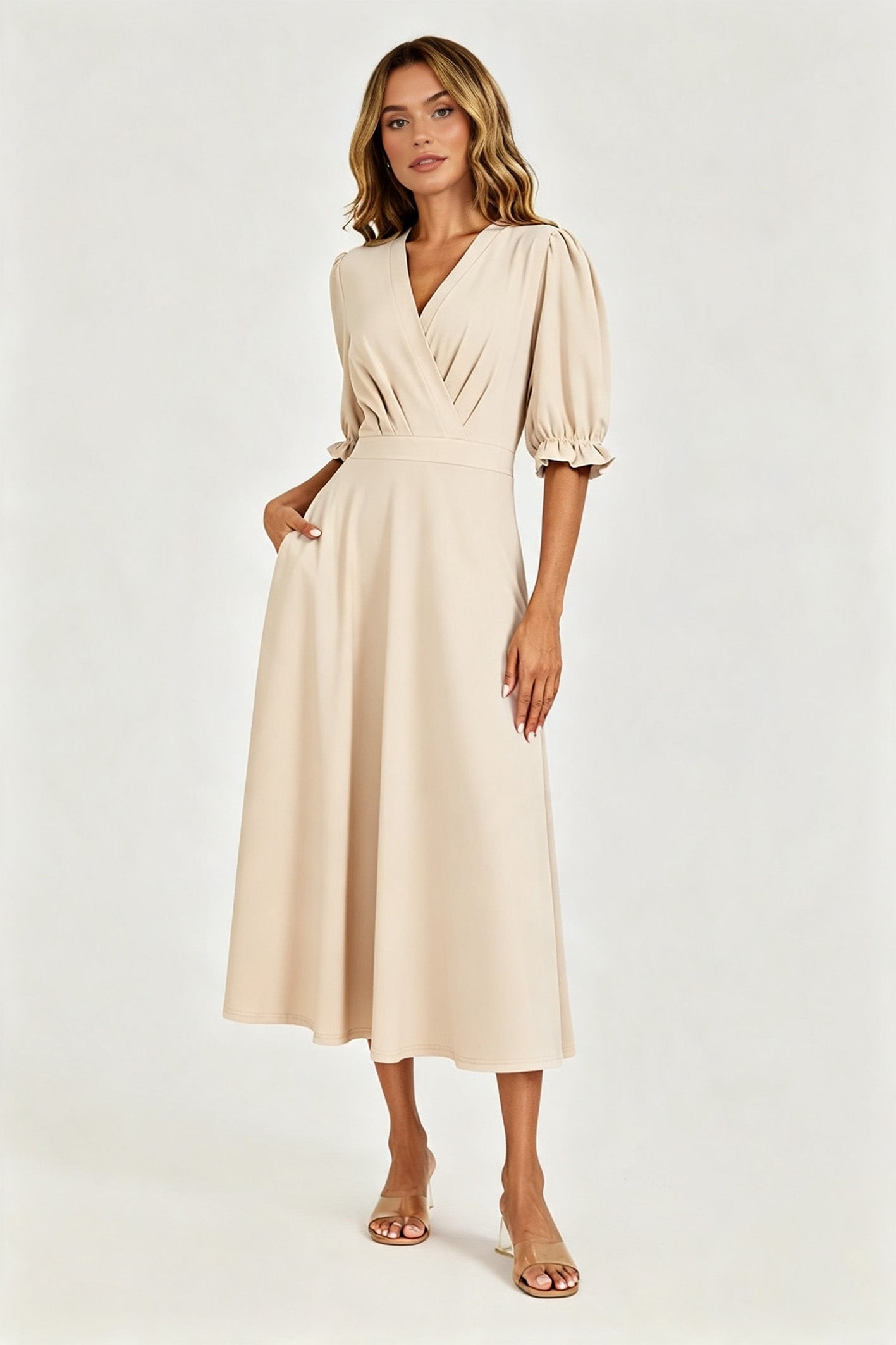Half Sleeves Jersey Midi Dress with Wrap Neckline In Light Oat