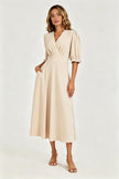 Half Sleeves Jersey Midi Dress with Wrap Neckline In Light Oat