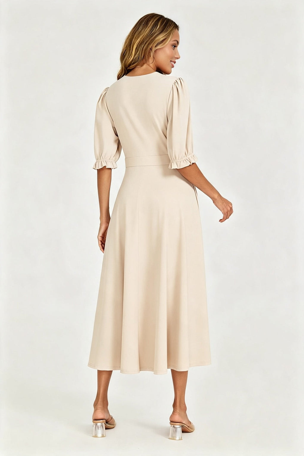 Half Sleeves Jersey Midi Dress with Wrap Neckline In Light Oat