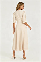 Half Sleeves Jersey Midi Dress with Wrap Neckline In Light Oat