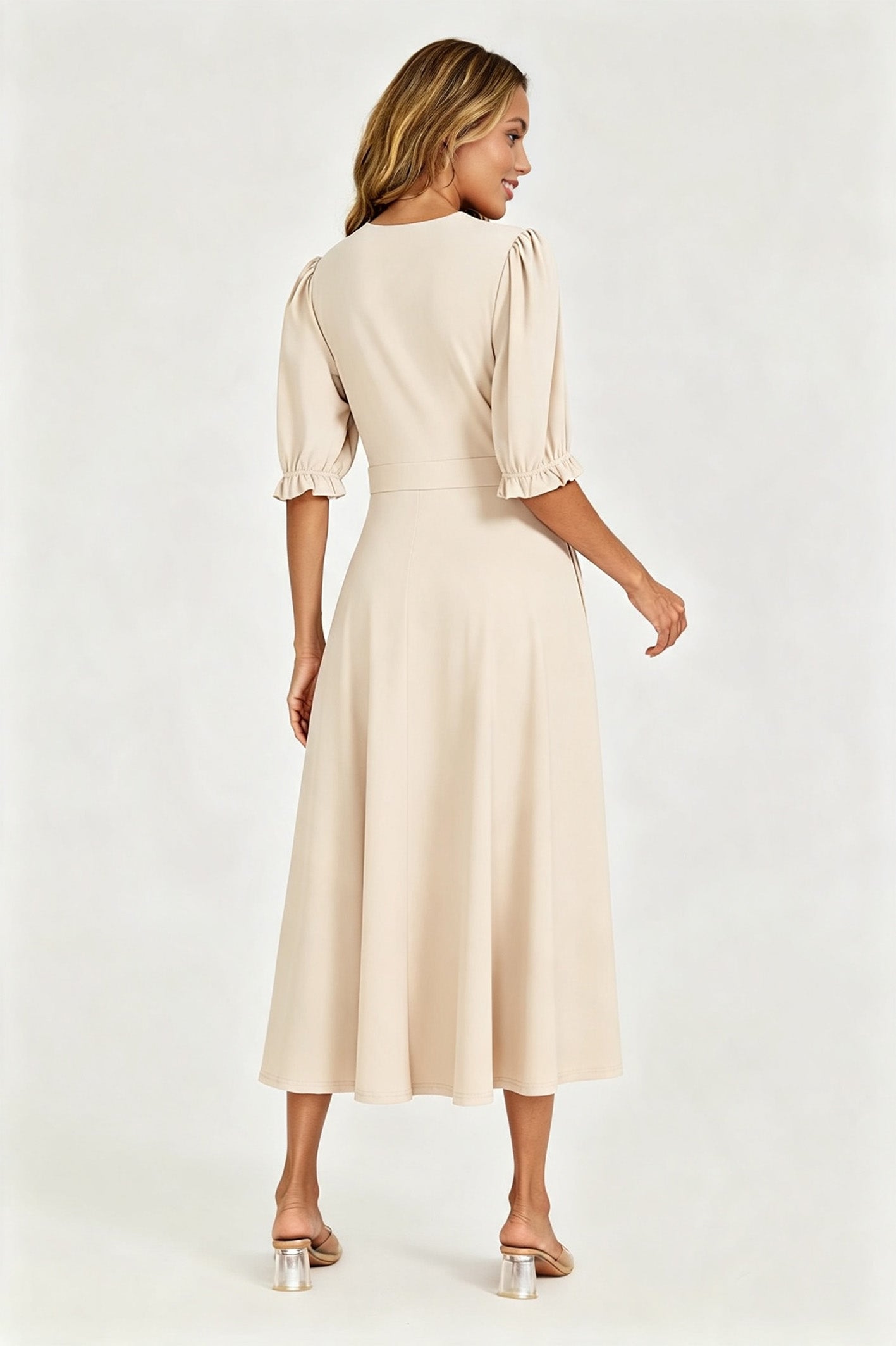 Half Sleeves Jersey Midi Dress with Wrap Neckline In Light Oat
