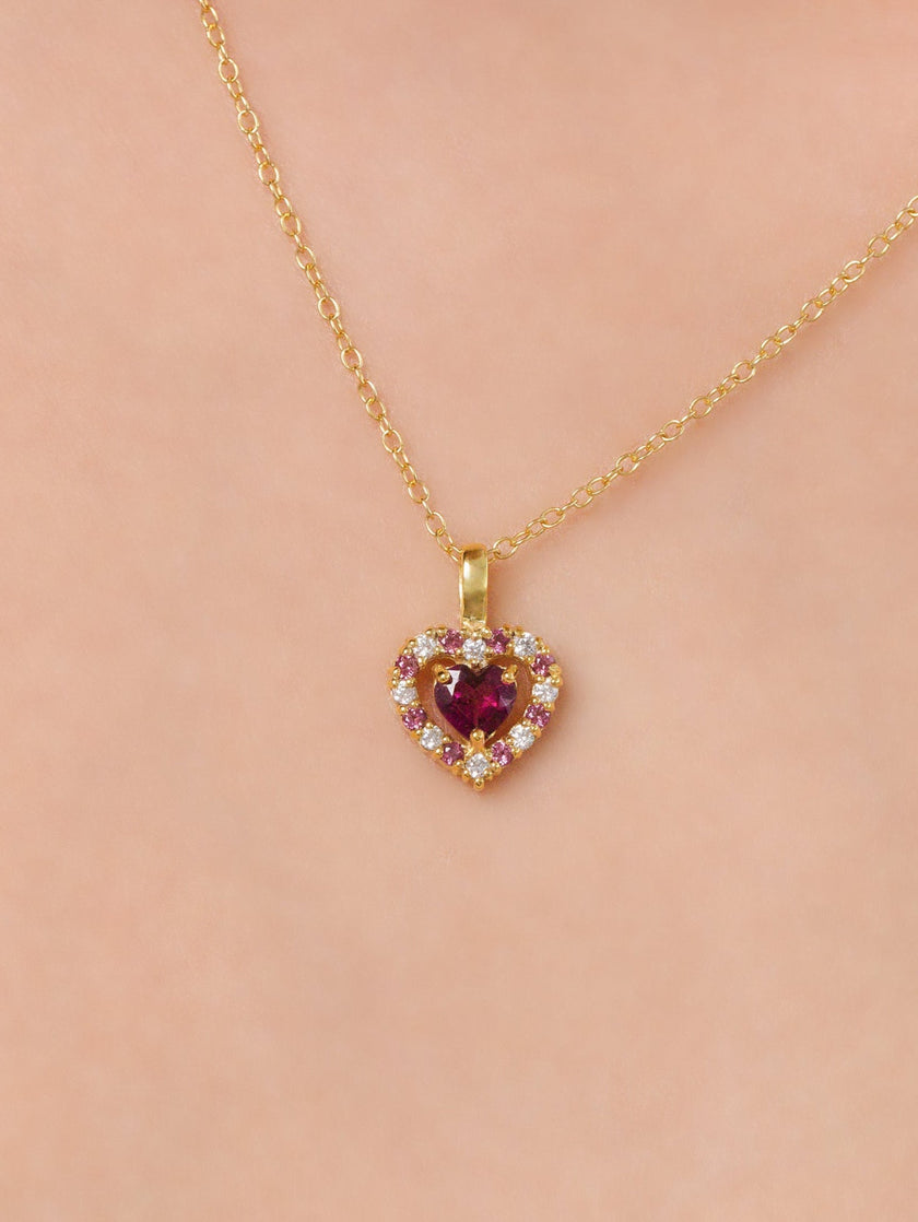 Collier pendentif cœur en grenat rhodolite en vermeil d'or 18 carats