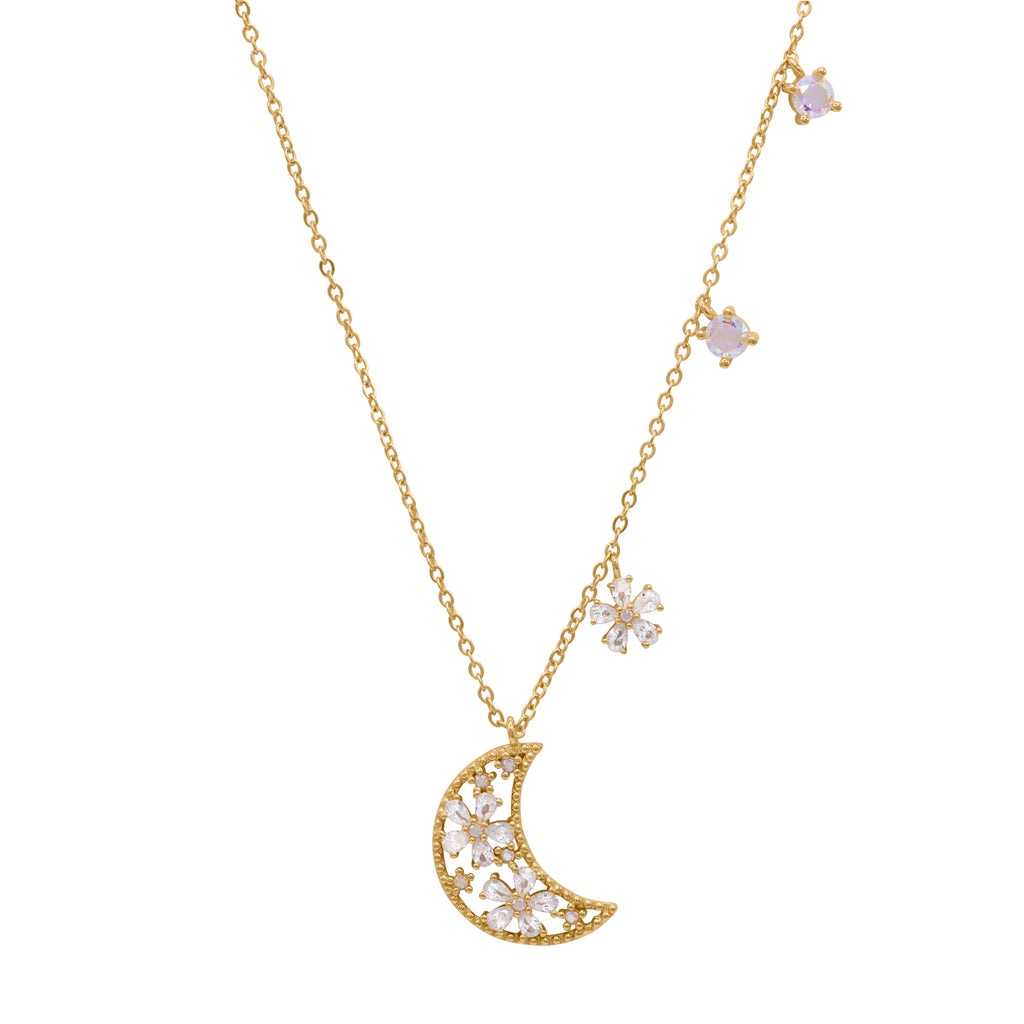 Collier Pendentif Lune Fleur Flora | Plaqué Or 18 carats