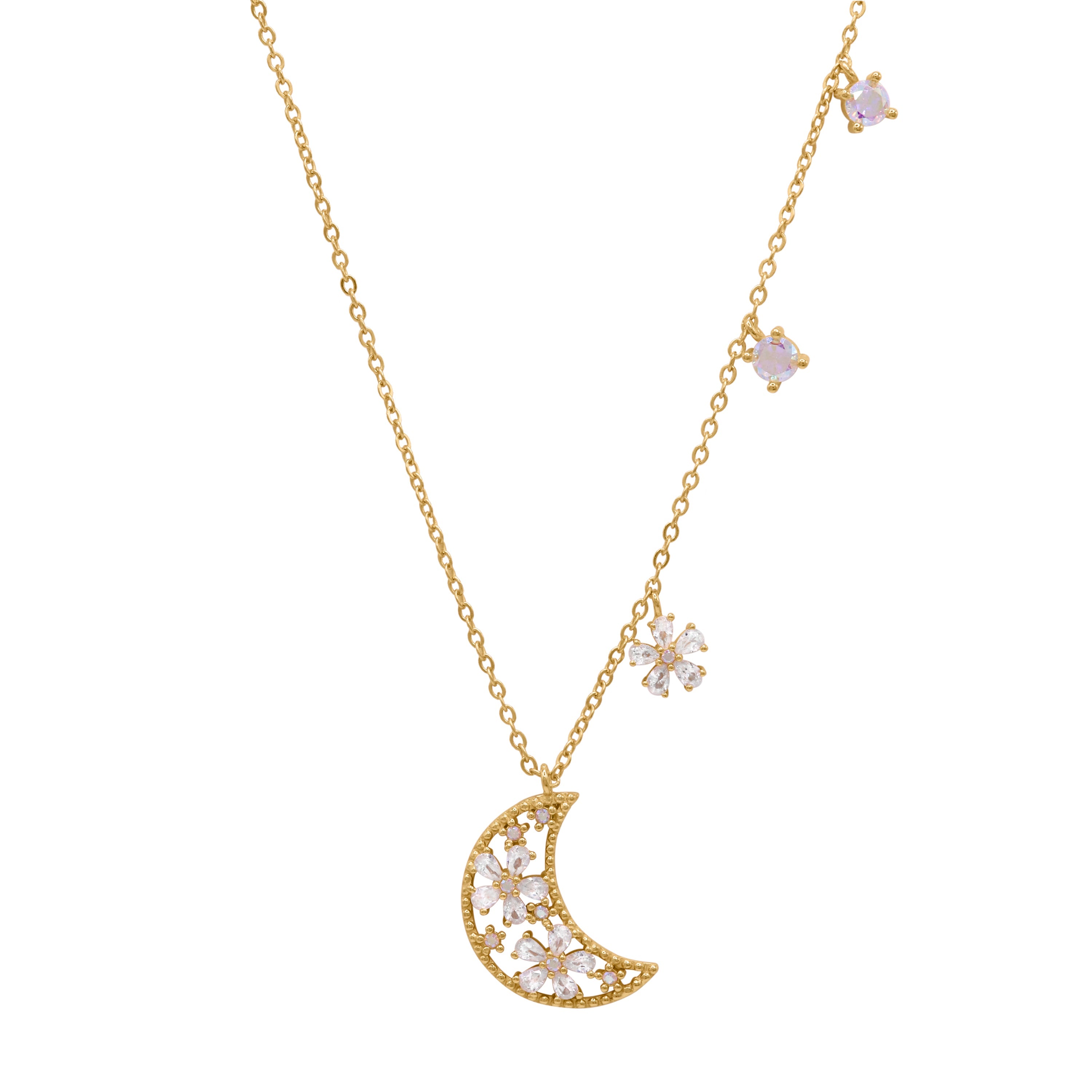 Collier Pendentif Lune Fleur Flora | Plaqué Or 18 carats
