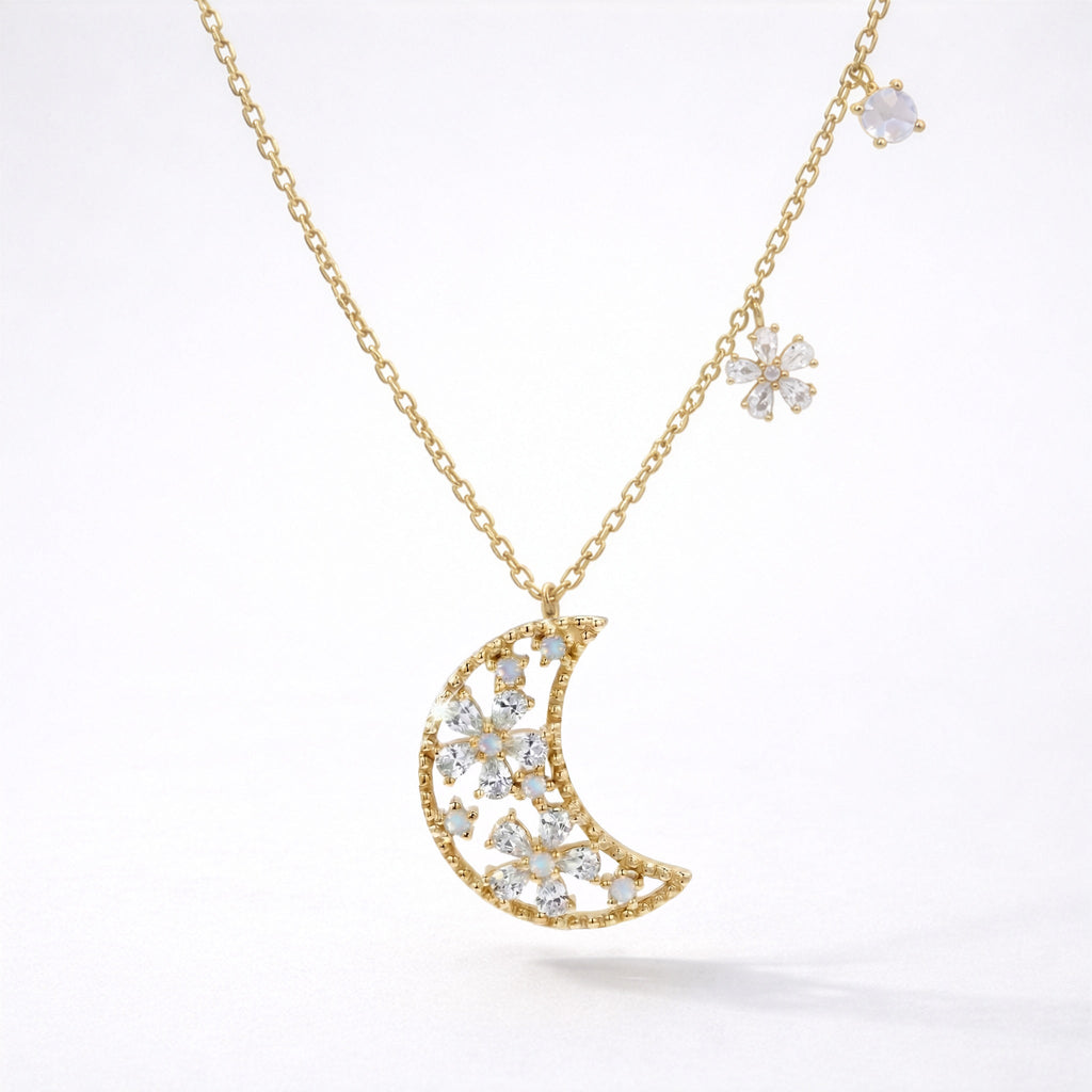 Collier Pendentif Lune Fleur Flora | Plaqué Or 18 carats