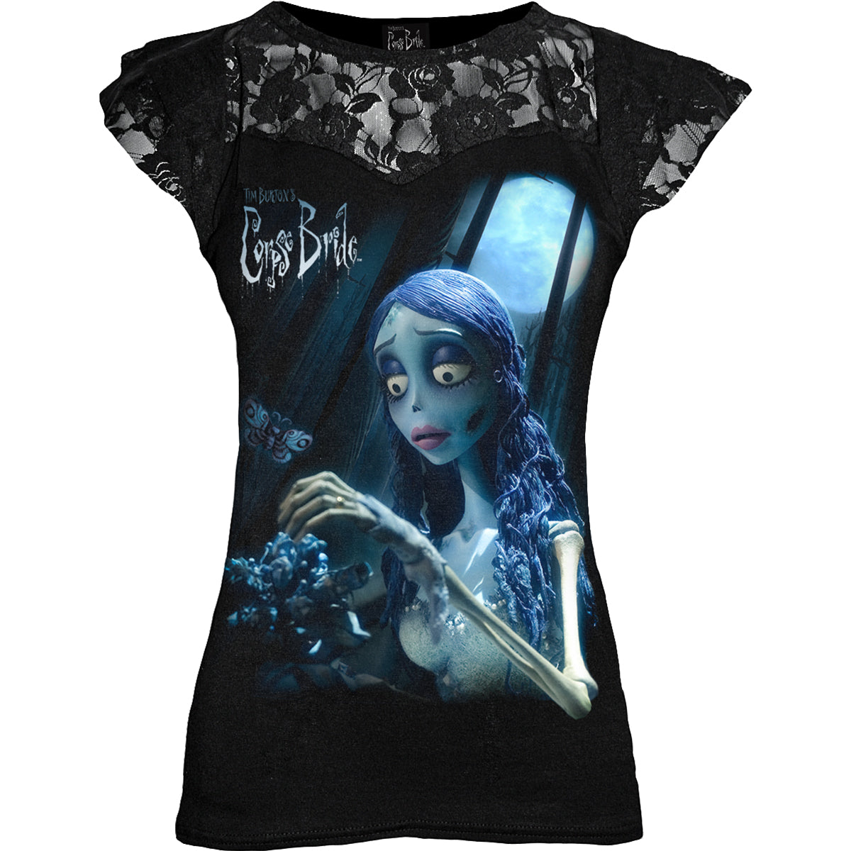 CORPSE BRIDE - BRILLA EN LA OSCURIDAD - Top de manga corta con capas de encaje Negro
