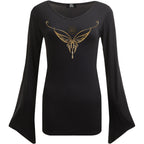 LOTR - ELVEN NECKLACE - V Neck Goth Sleeve Top Black