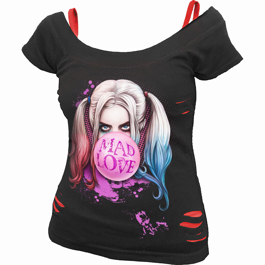 HARLEY QUINN - MAD LOVE - Débardeur noir déchiré 2-en-1 rouge