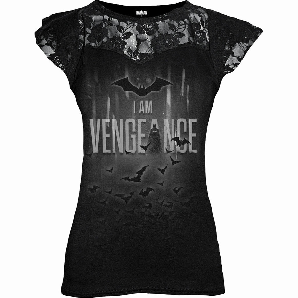THE BATMAN - JE SUIS LA VENGEANCE - Top noir à manches courtes en dentelle superposée