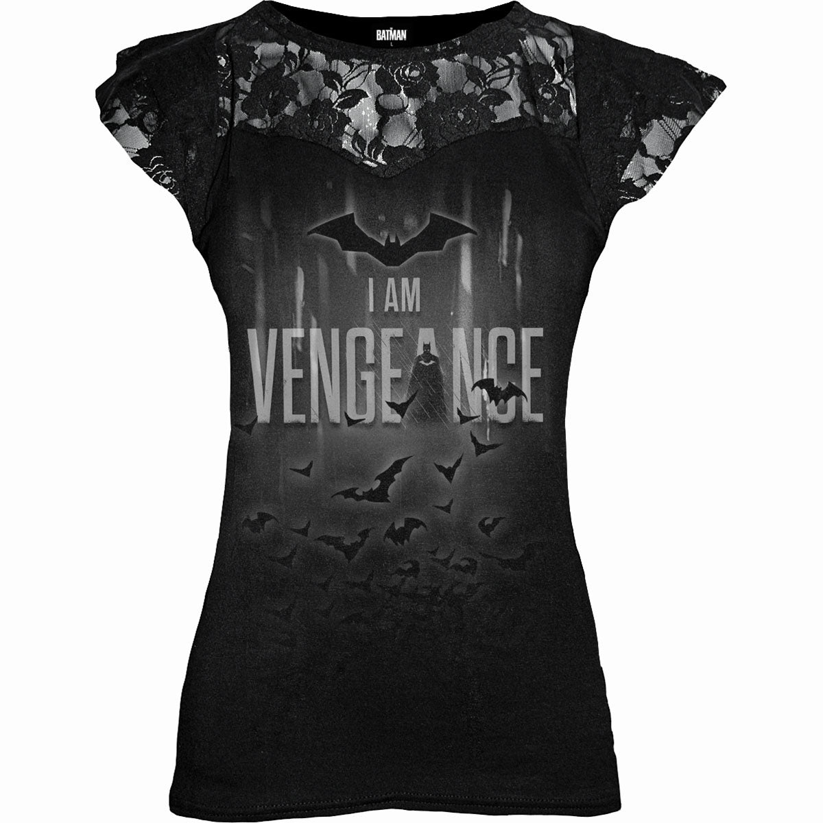THE BATMAN - JE SUIS LA VENGEANCE - Top noir à manches courtes en dentelle superposée