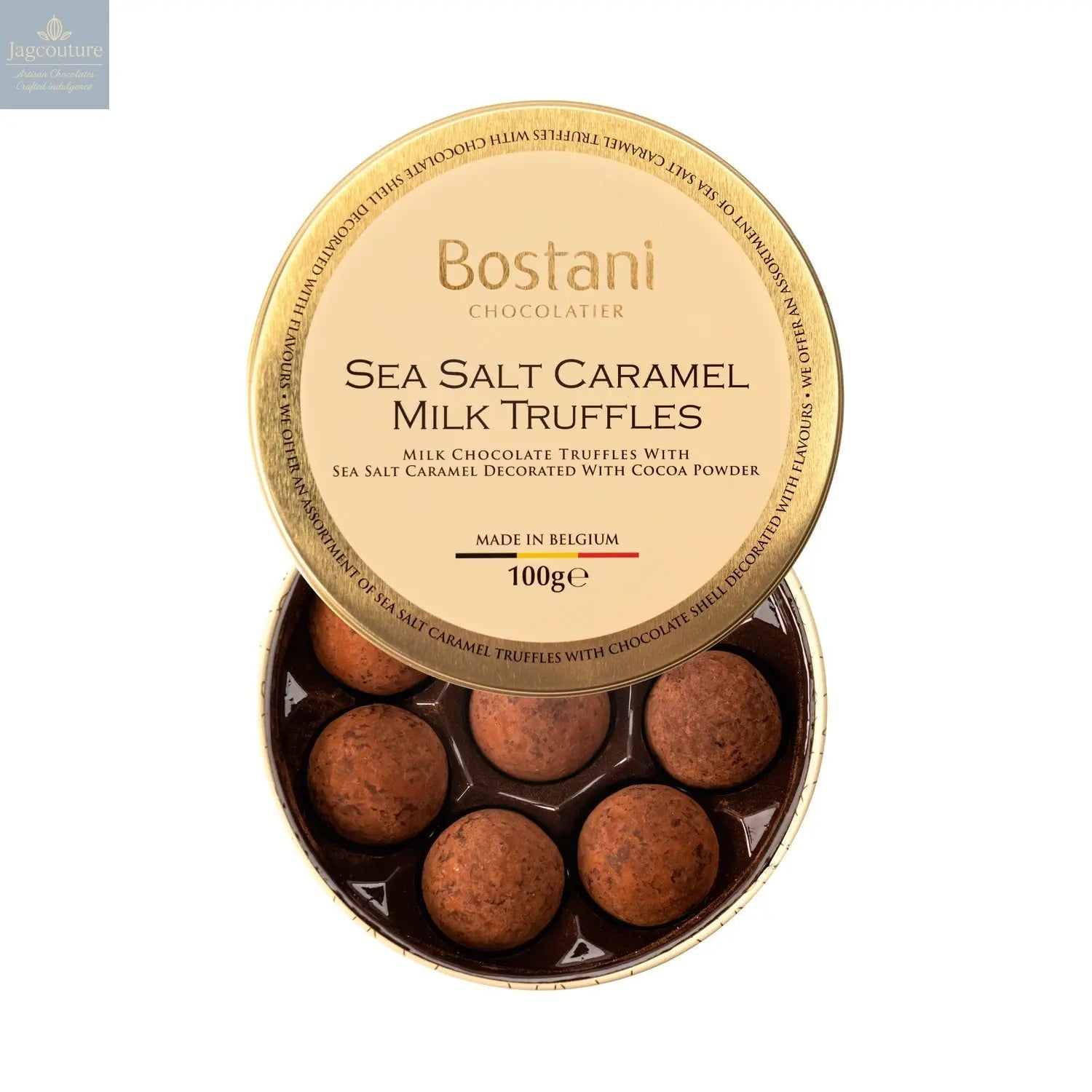 Gift tin of sea salt caramel milk chocolate truffles rolled in cocoa powder - 11 x 3.6cm