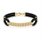 14K Gold Detail Bracelet – Golden Orbit Textured Link | Braided Black Band | Majestic Jewellery