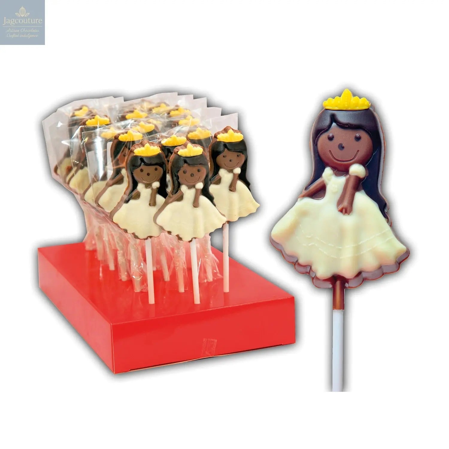 Hand decorated chocolate princess lollipops in display