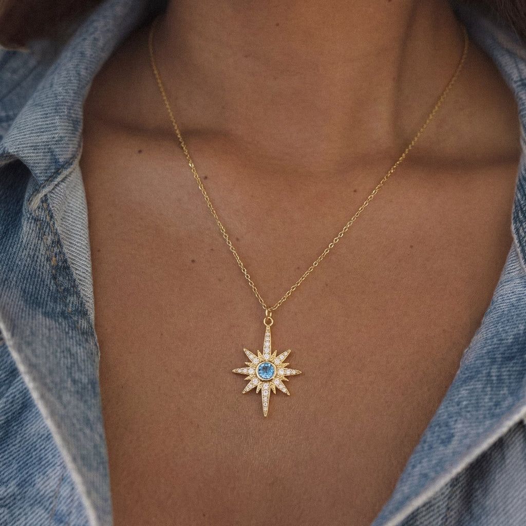 Collier Heidi North Star avec pierre de naissance | Plaqué or 18 carats