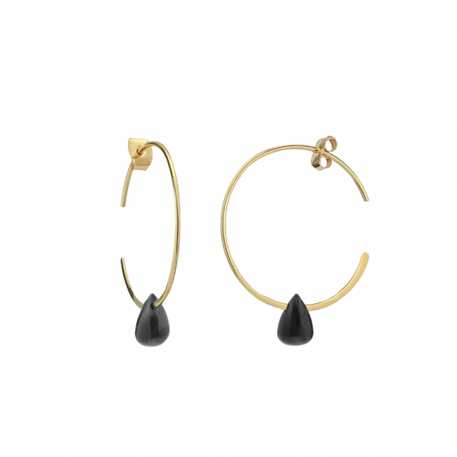 Hera Wire Hoop Earrings with Teardrop Stone: Gold Black Onyx