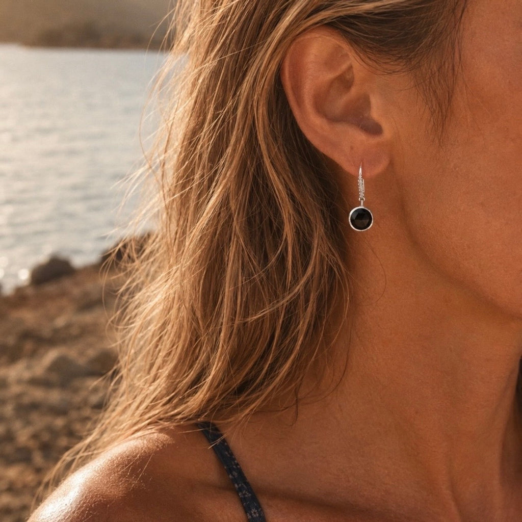 Charis Round Gemstone Earrings Silver Black Onyx, Front CZ Hooks