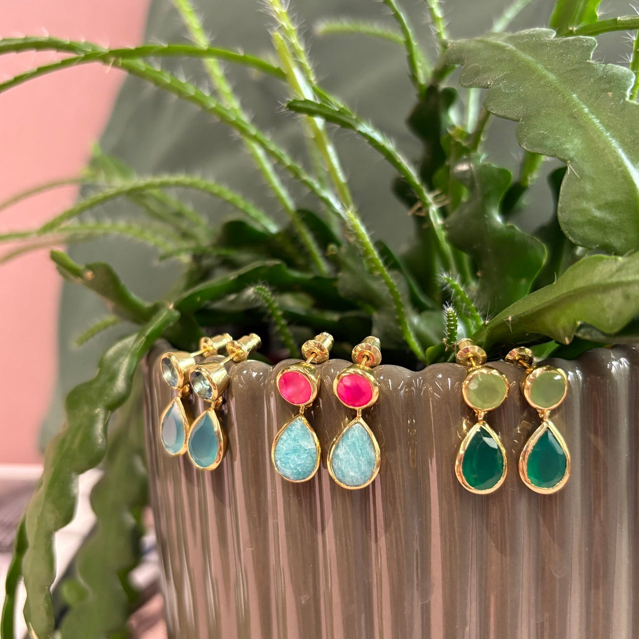 Iris Double Gemstone Drop Earrings with Green Onyx & Prenite