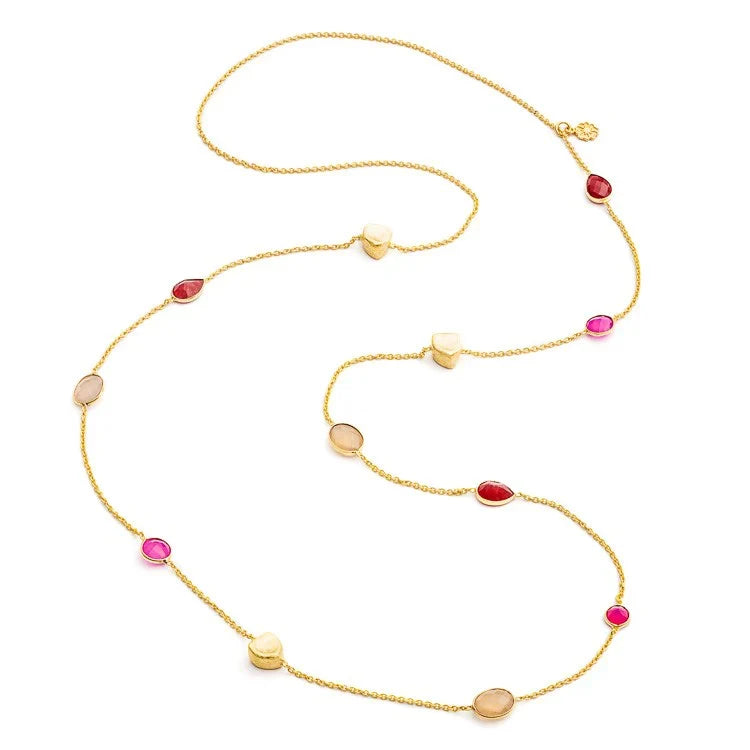 Penelope Multi-Stone Necklace: Fuchsia Onyx, Peach Moon stone & Red Jade