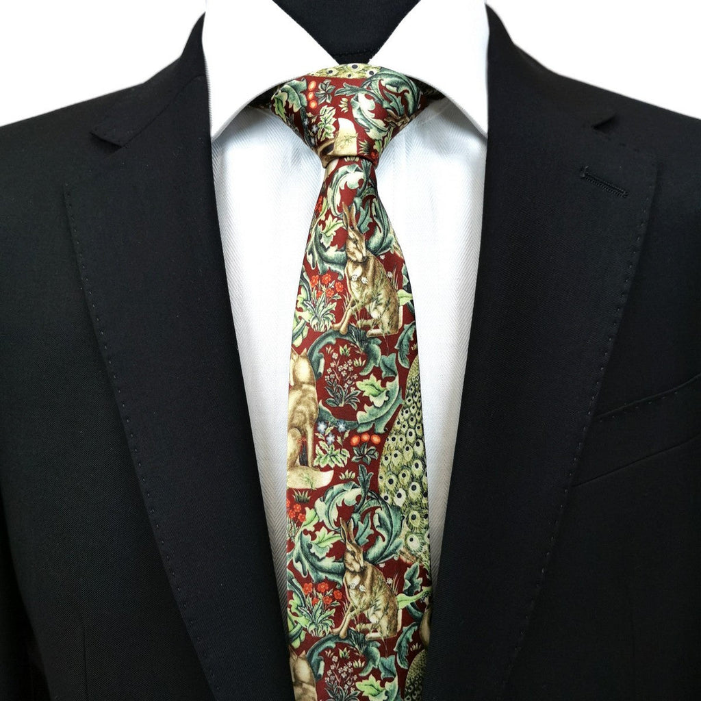 Burgundy Green Animal Print Floral Tie