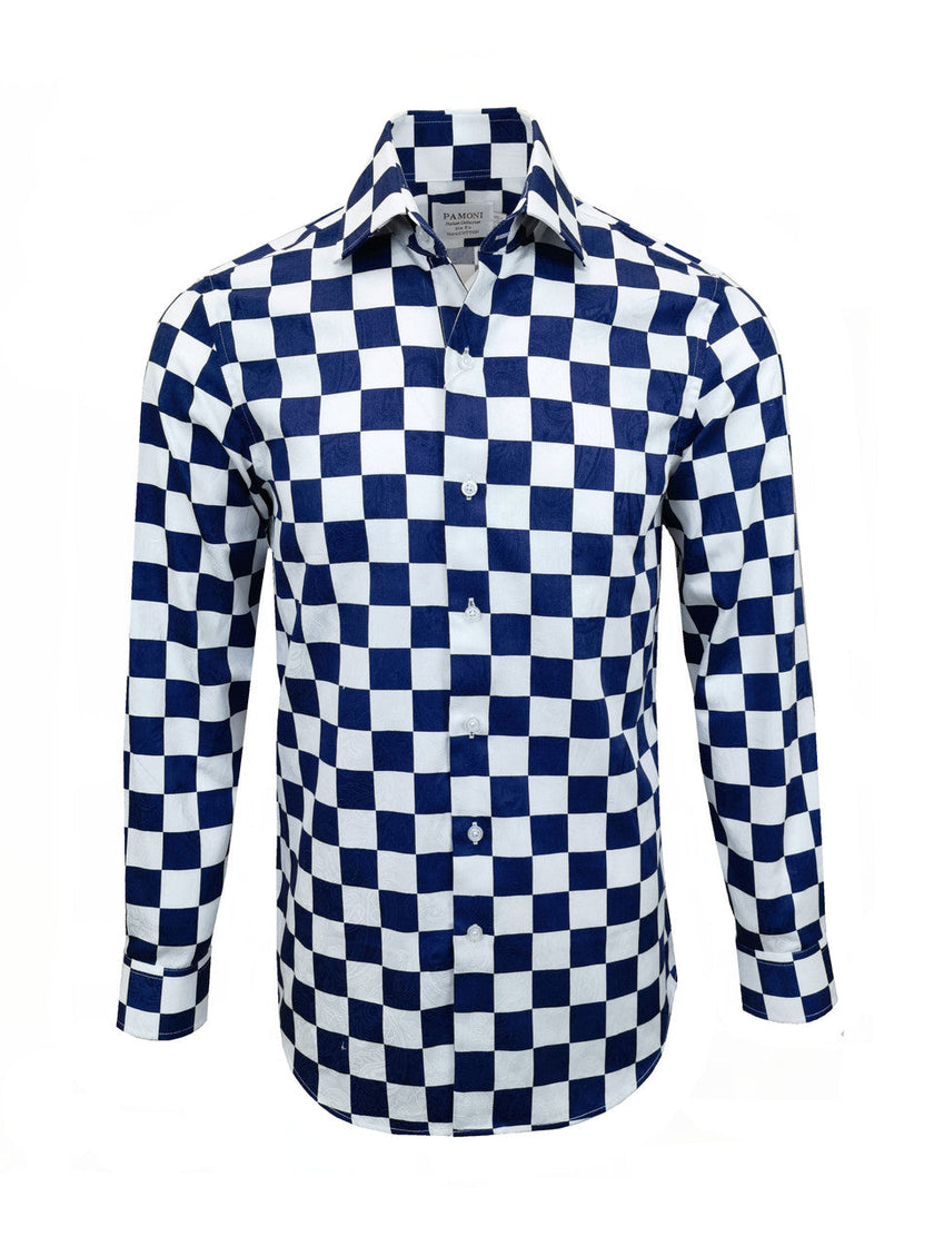 Navy Square Check Slim Fit Shirt