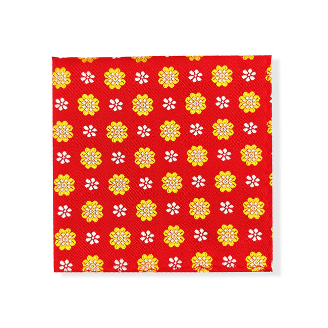 Red Yellow Flower Geometric Tie & Pocket Square Set