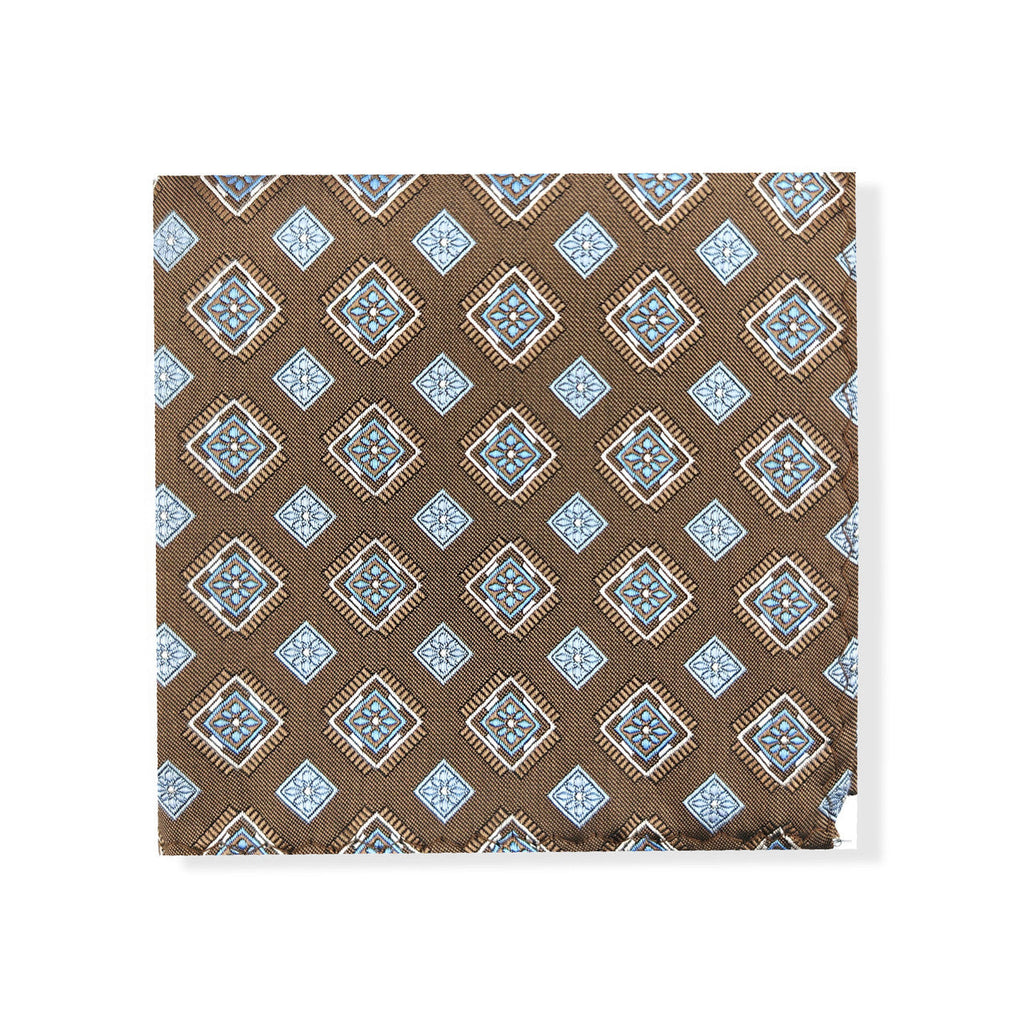 Brown Blue Square Geometric Tie & Pocket Square Set