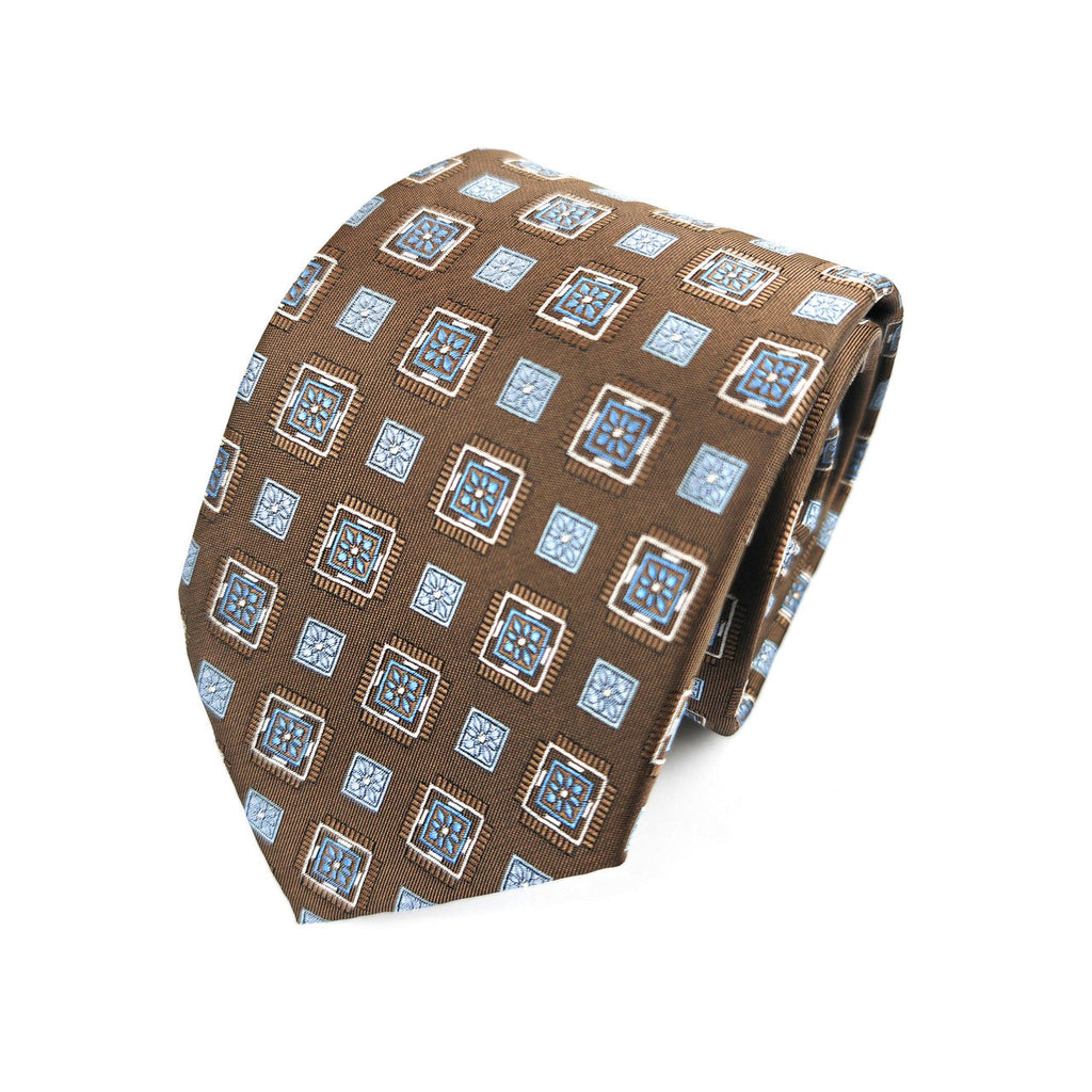 Brown Blue Square Geometric Tie & Pocket Square Set