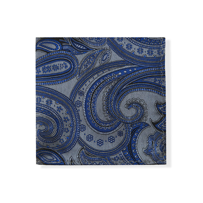 Cravate et pochette motif cachemire bleu-gris