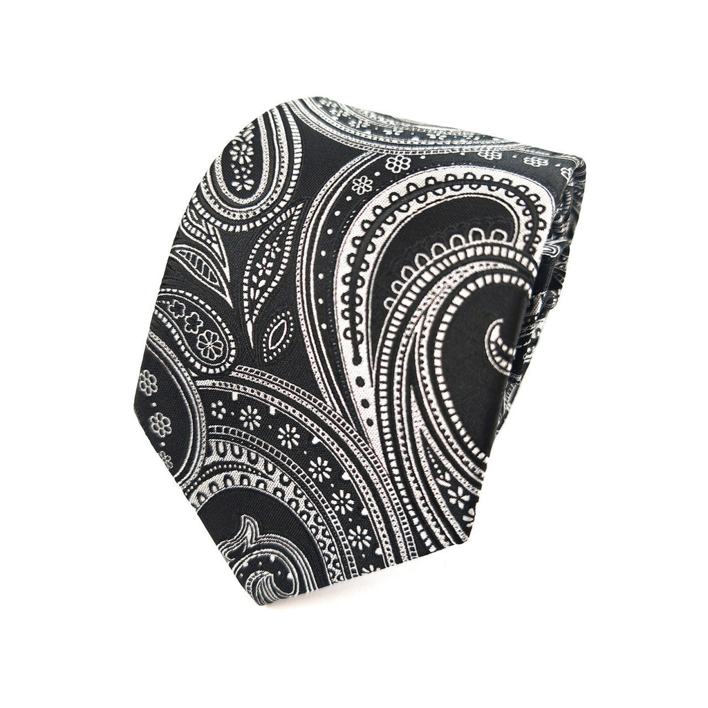 Black Silver Paisley Tie & Pocket Square Set