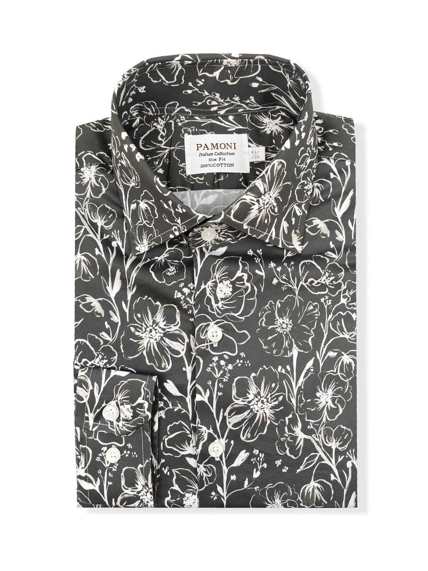 Men's Slim Fit Grey Monochrome Floral Pattern Shirt